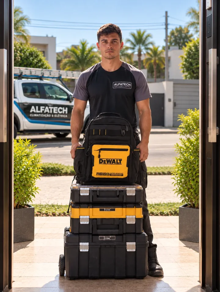 Com o Clima Bot: técnico uniformizado, com caixas de ferramentas organizadas e o carro da empresa